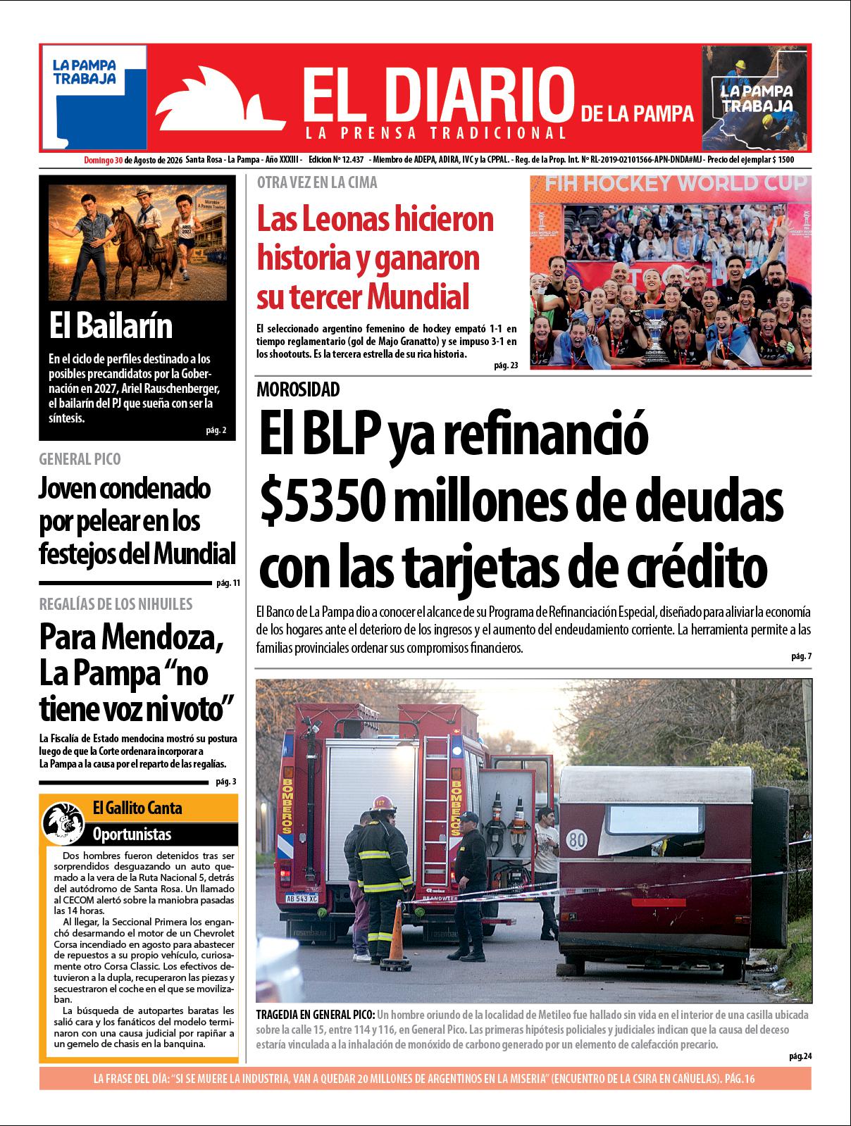 Tapa de El Diario en papel  domingo 30 de agosto de 2026